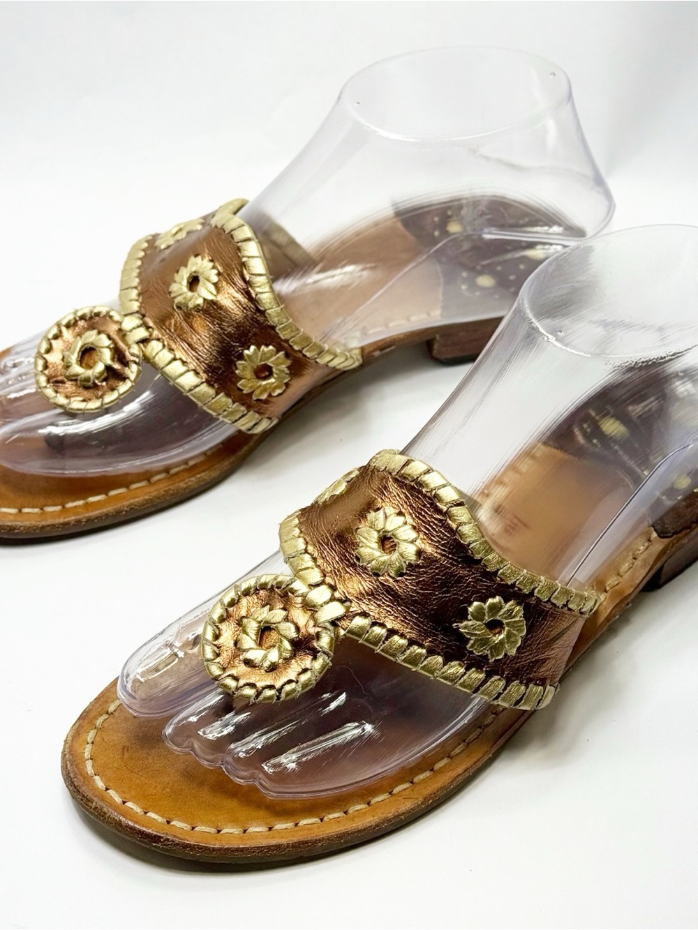 Jack Rogers Copper Leather Sandals with Gold Floral Trim size 7